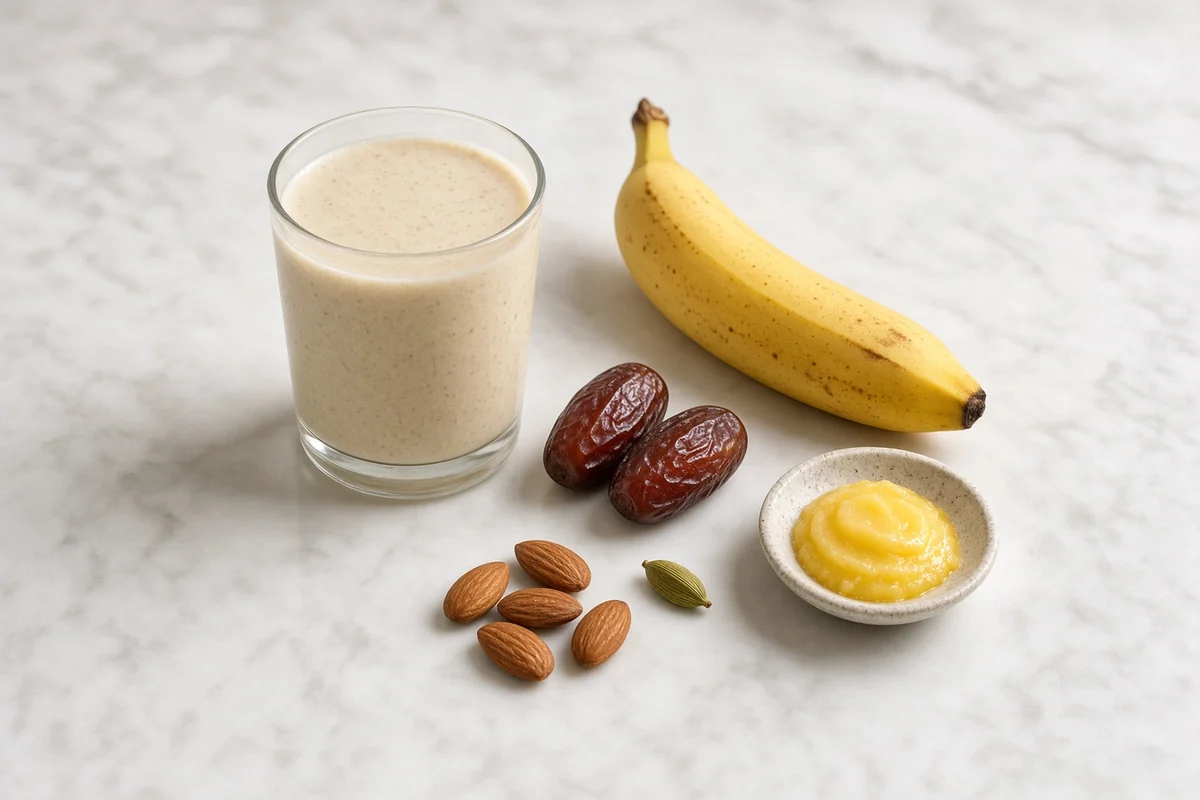 Banana-date milk with ghee, soaked almonds and cardamom.