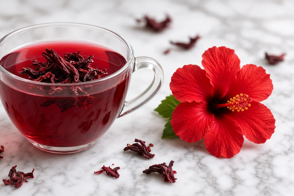 Illustrated still life with hibiscus, honey.