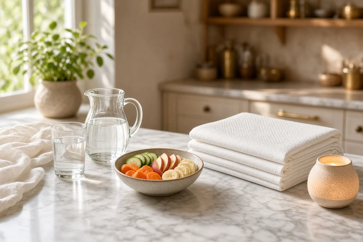 A water pitcher and glass, fruit and vegetables, a folded mattress pad and a night lamp.