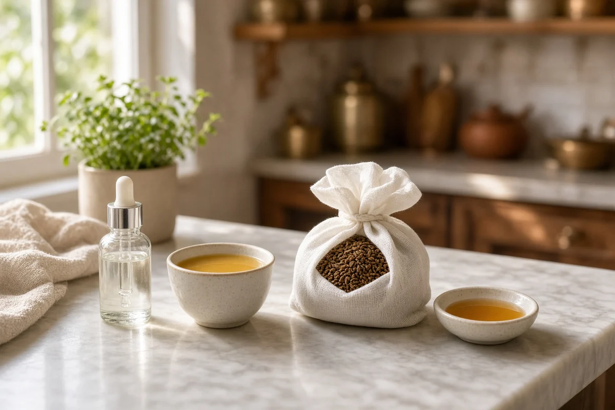 A plain saline dropper, warm dal water, an ajwain potli and honey.