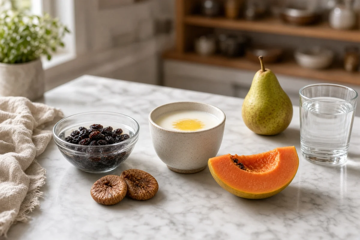 Soaked figs and raisins, warm milk with ghee, papaya, a pear and water.