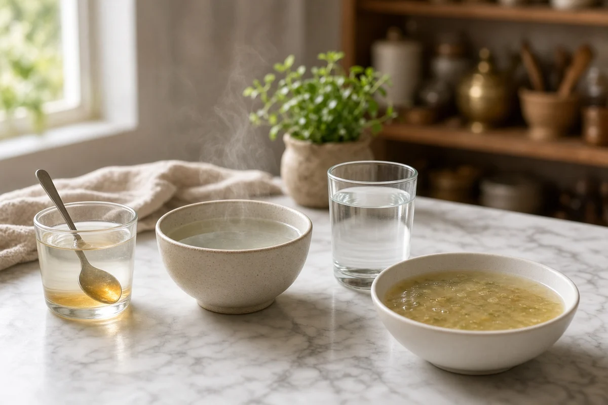 Honey in warm water, a bowl of steam, salt water and clear dal soup.