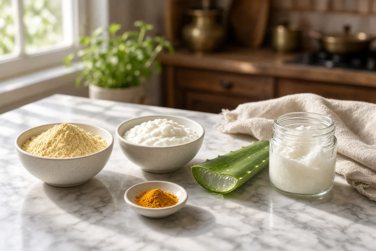 Besan, curd, turmeric, aloe vera gel and coconut oil.