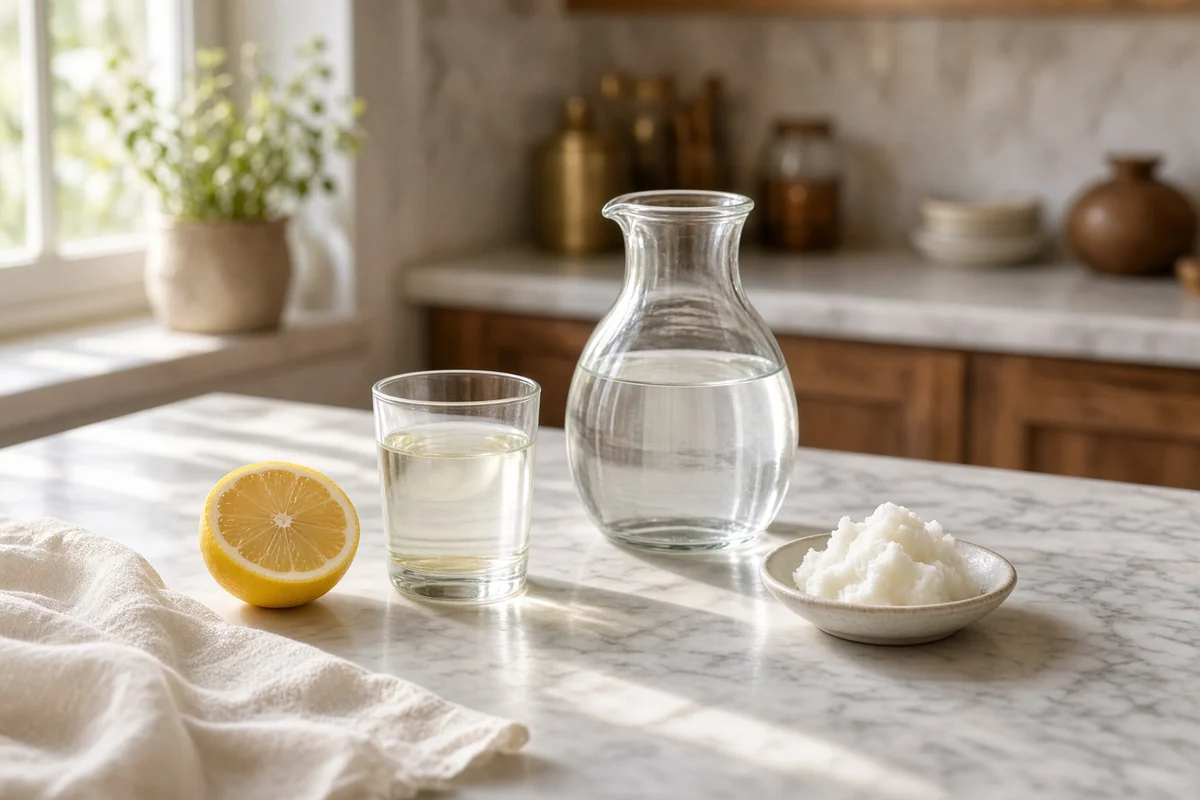 A halved lemon, pale lemon water, a jug of filtered water and coconut oil.