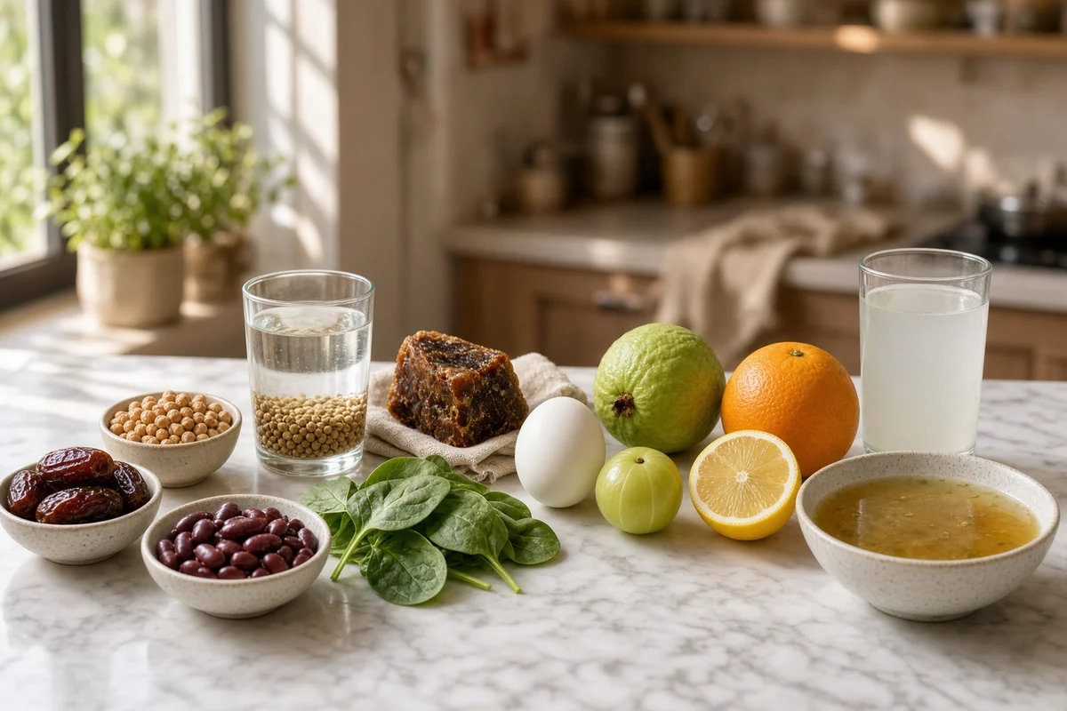 Coriander water, spinach, jaggery, dates, chana, rajma, an egg, amla, guava, orange, lemon, coconut water and soup.