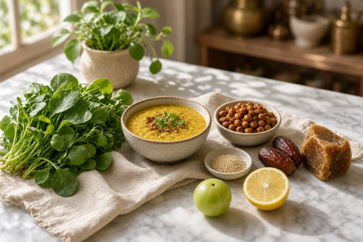 Spinach, yellow dal, roasted chana, sesame, dates, jaggery, lemon and amla.