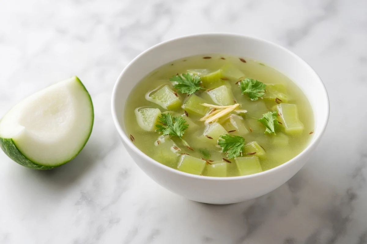 A bowl of light bottle-gourd soup with ginger, cumin and coriander.