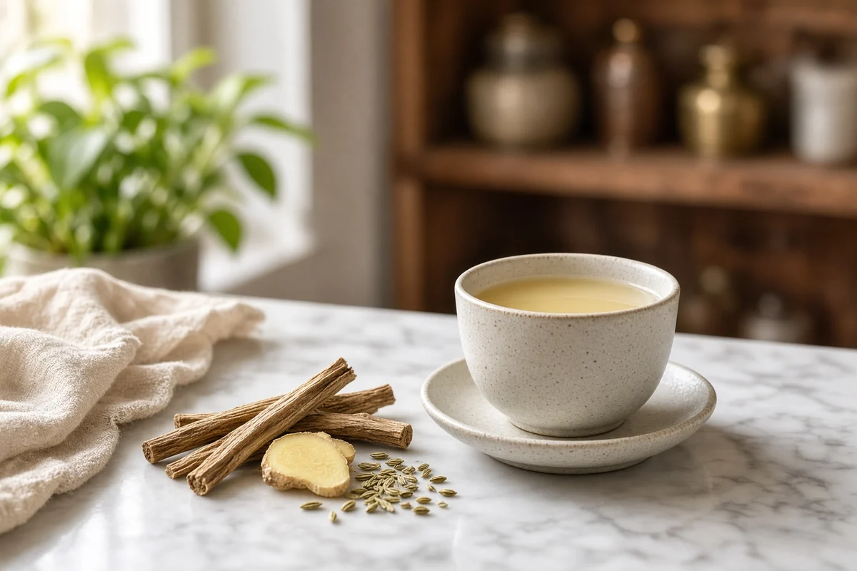 Licorice sticks, pale yellow tea, fennel and ginger.