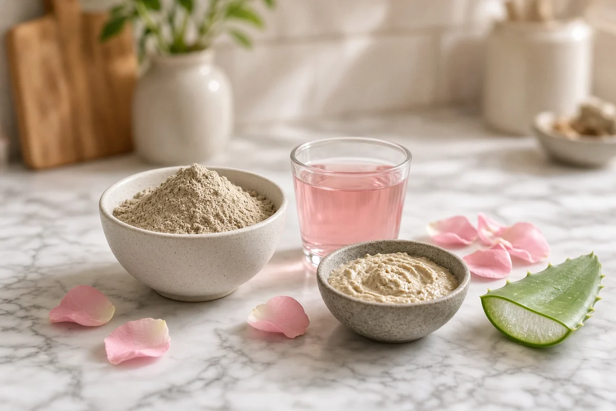 Multani mitti powder, rose water, rose petals and a mixed clay face pack.