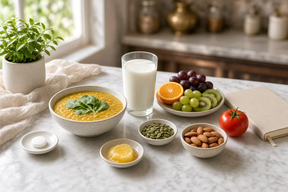 A plain white tablet, dal, spinach, fruit, nuts, milk, ghee, pumpkin seeds, citrus, tomato and a closed notebook.