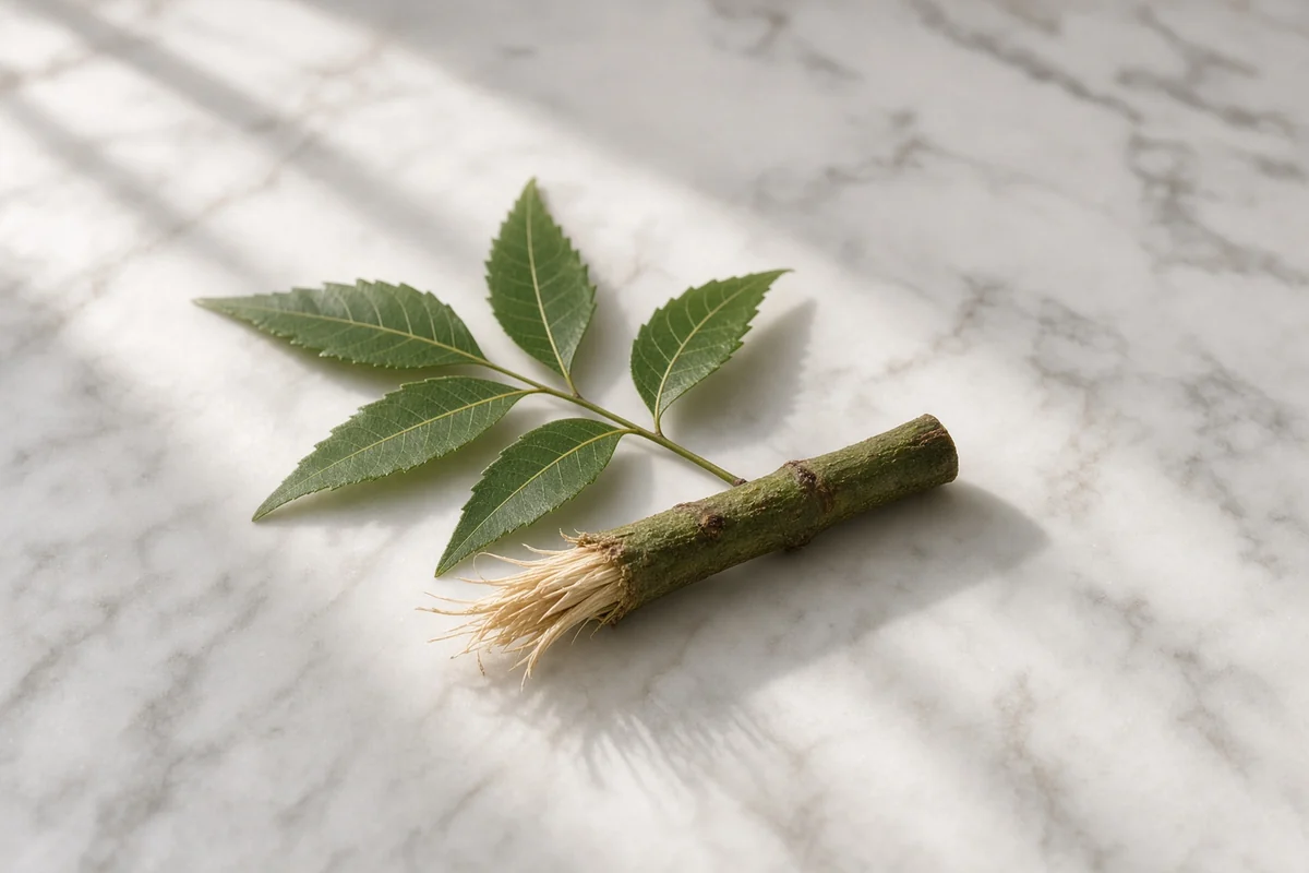 A fresh neem chewing stick with a frayed end and neem leaves.