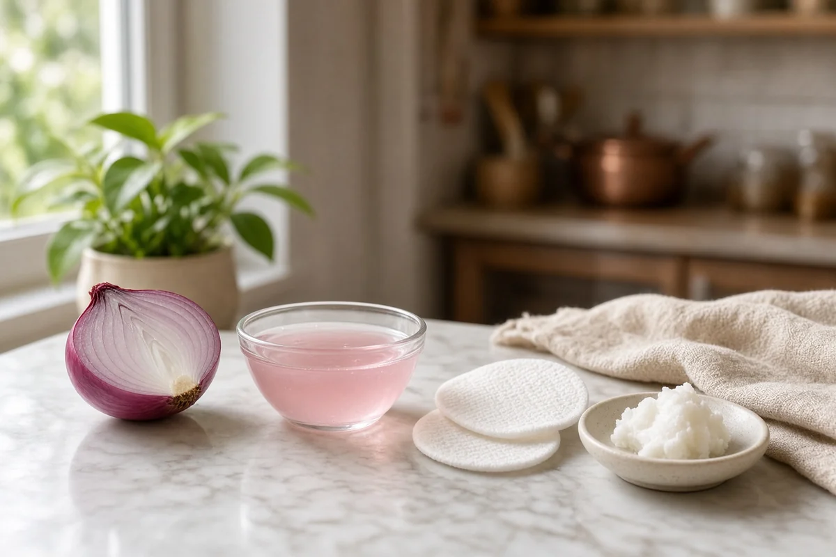 A cut red onion, pale onion juice, cotton pads and coconut oil.