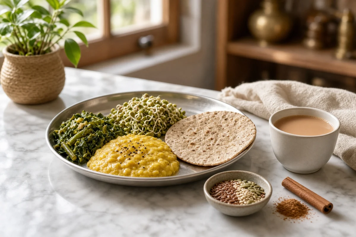 Vegetables, sprouts, dal and roti with mixed seeds, cinnamon and tea.