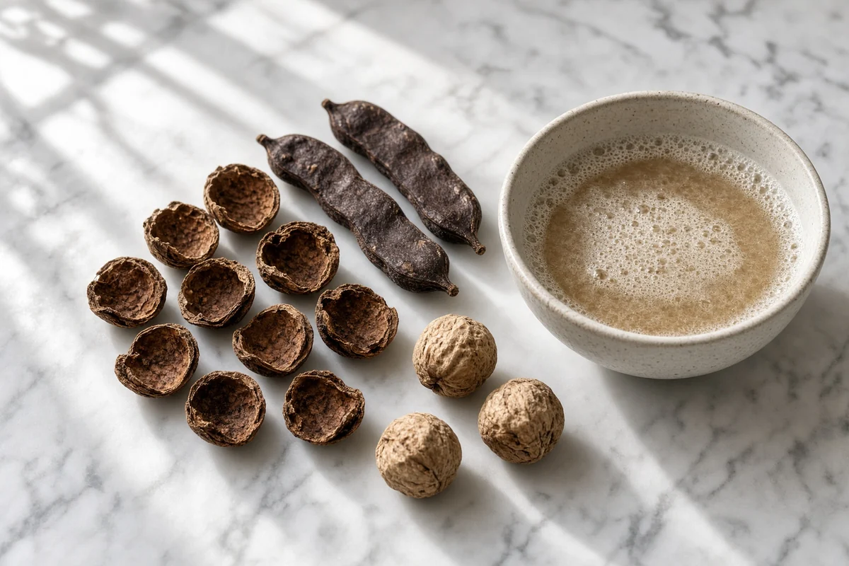 Reetha shells, shikakai pods, dried amla and foamy herbal wash water.