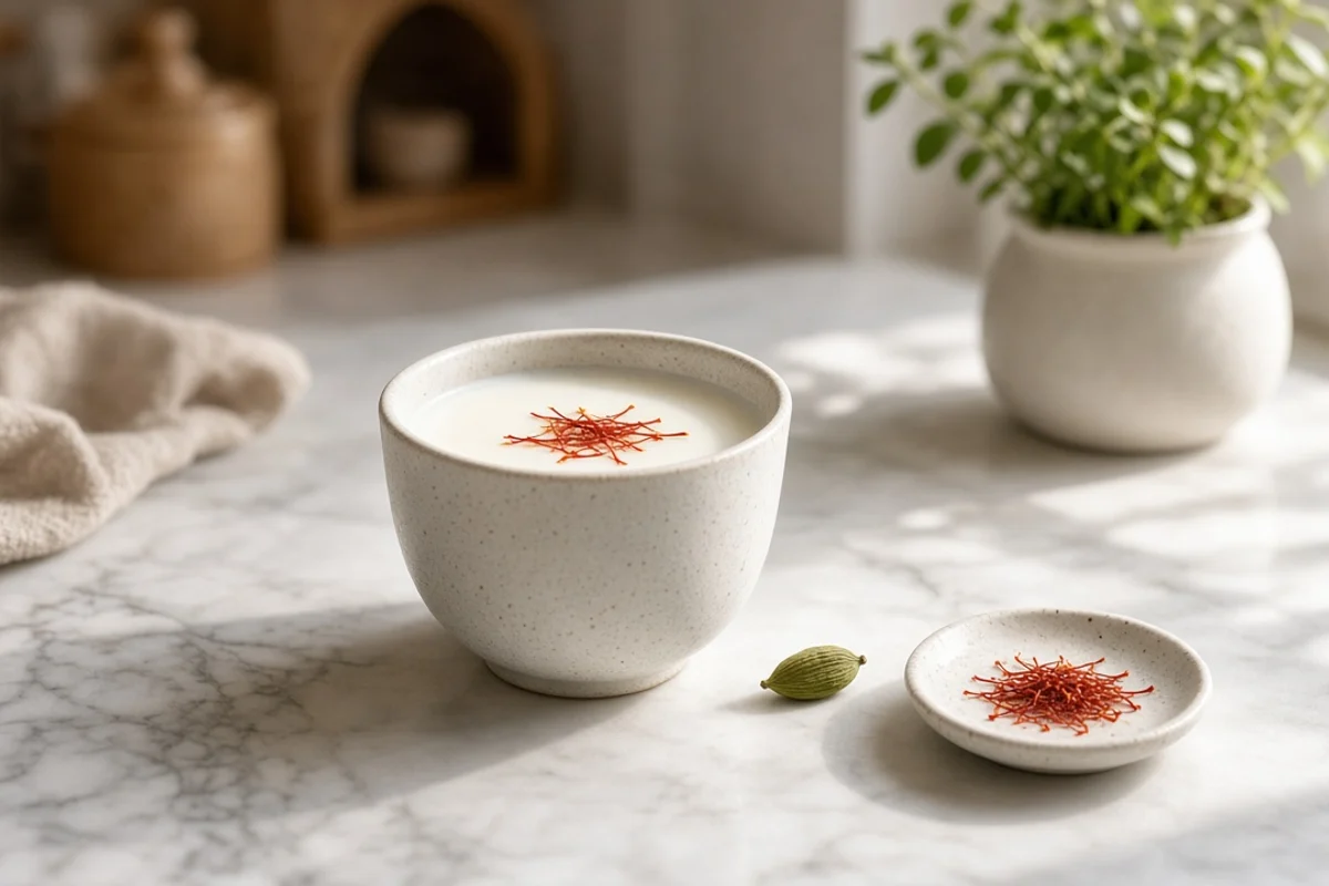 A cup of warm milk topped with saffron strands, with a dish of saffron and a cardamom pod.