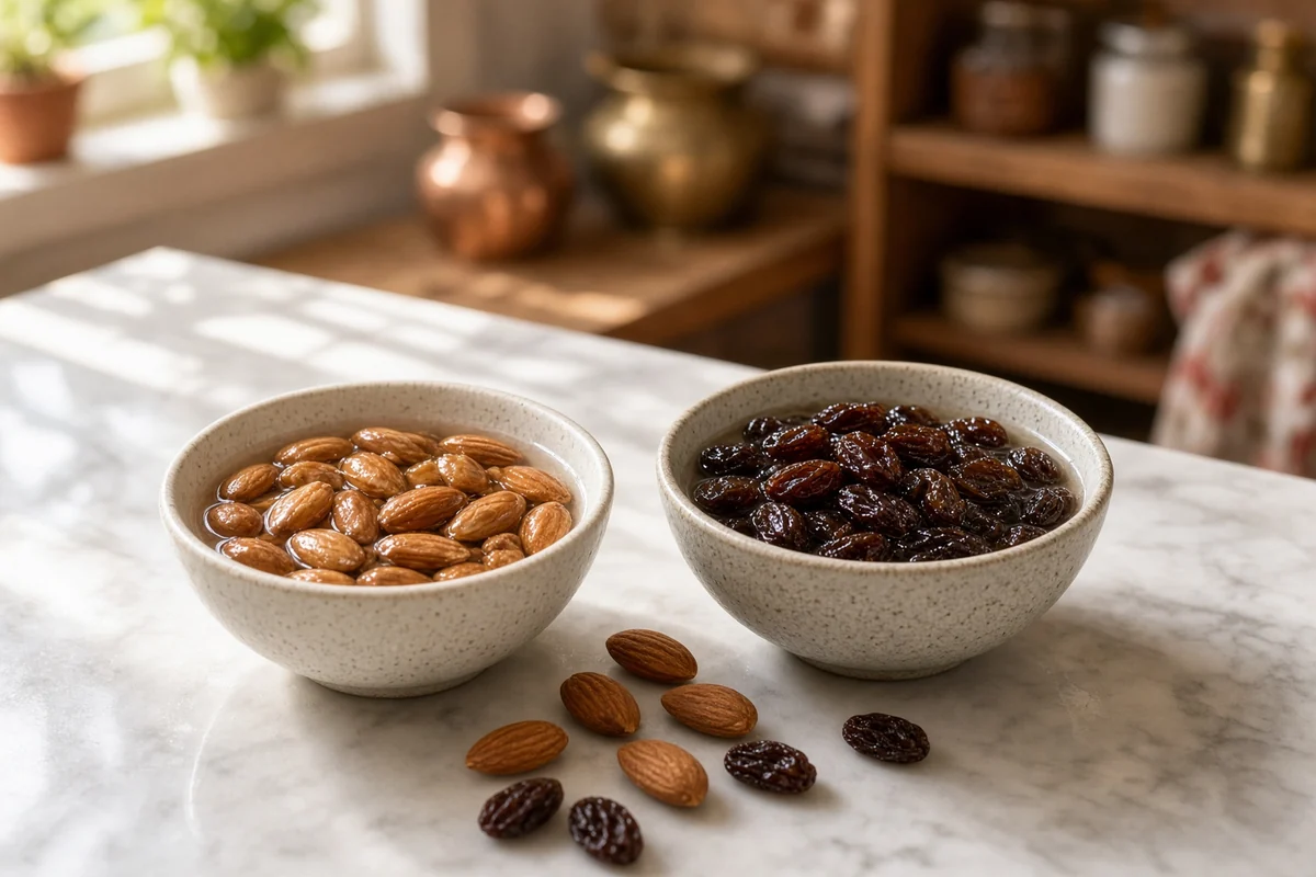 Bowls of soaked almonds and soaked raisins on a sunlit kitchen counter.