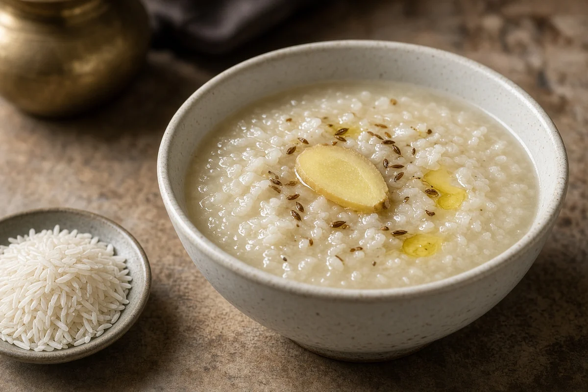 A bowl of loose rice gruel with cumin, ginger, and a few drops of ghee.