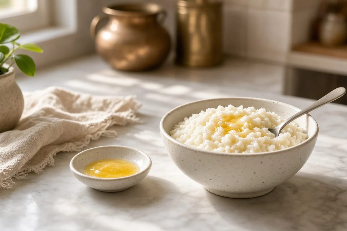 A bowl of soft white rice with melted ghee and a spoon, beside a small dish of ghee.