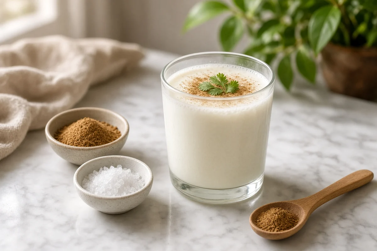 A glass of thin spiced buttermilk with roasted cumin, beside bowls of cumin powder and rock salt.