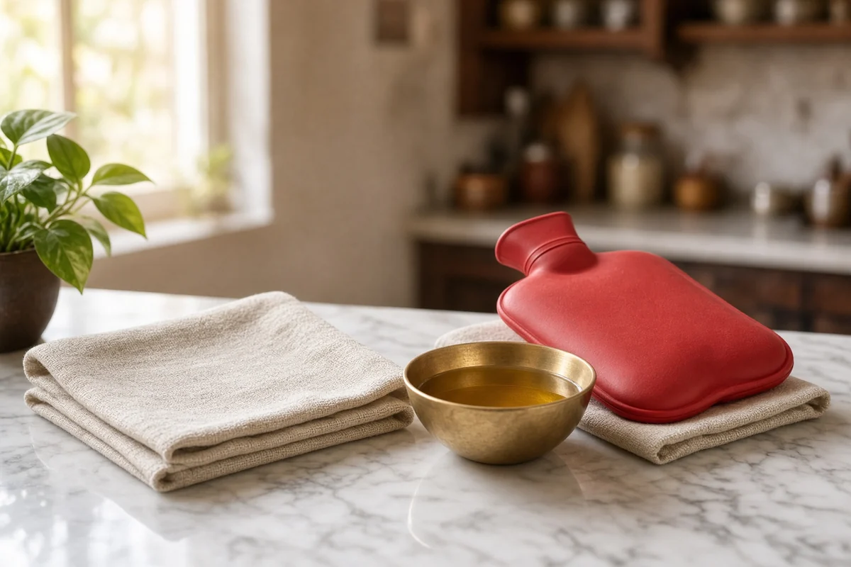 A folded towel, a hot-water bag and a bowl of mustard oil.