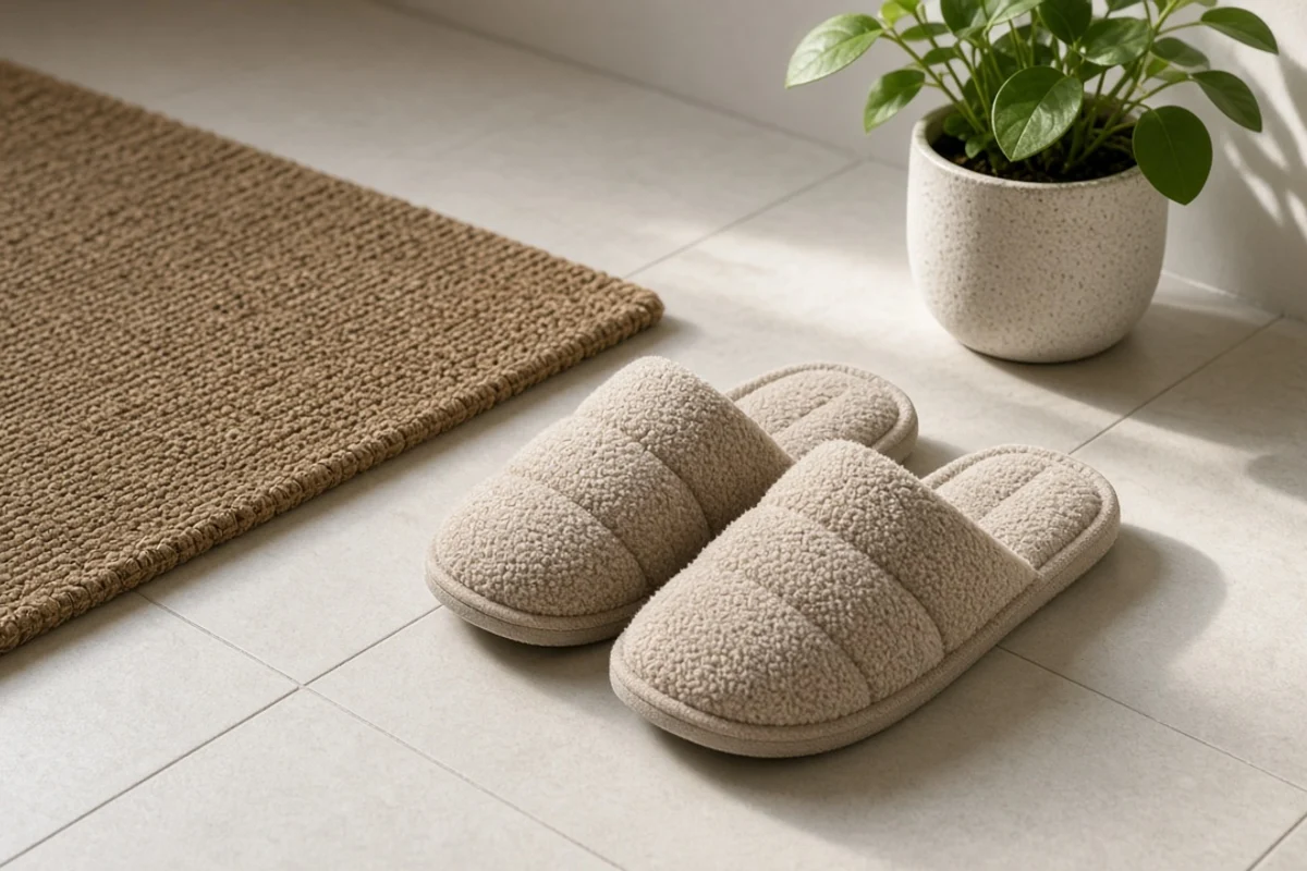 A pair of soft cushioned slippers on a tile floor beside a brown rug and a potted plant.