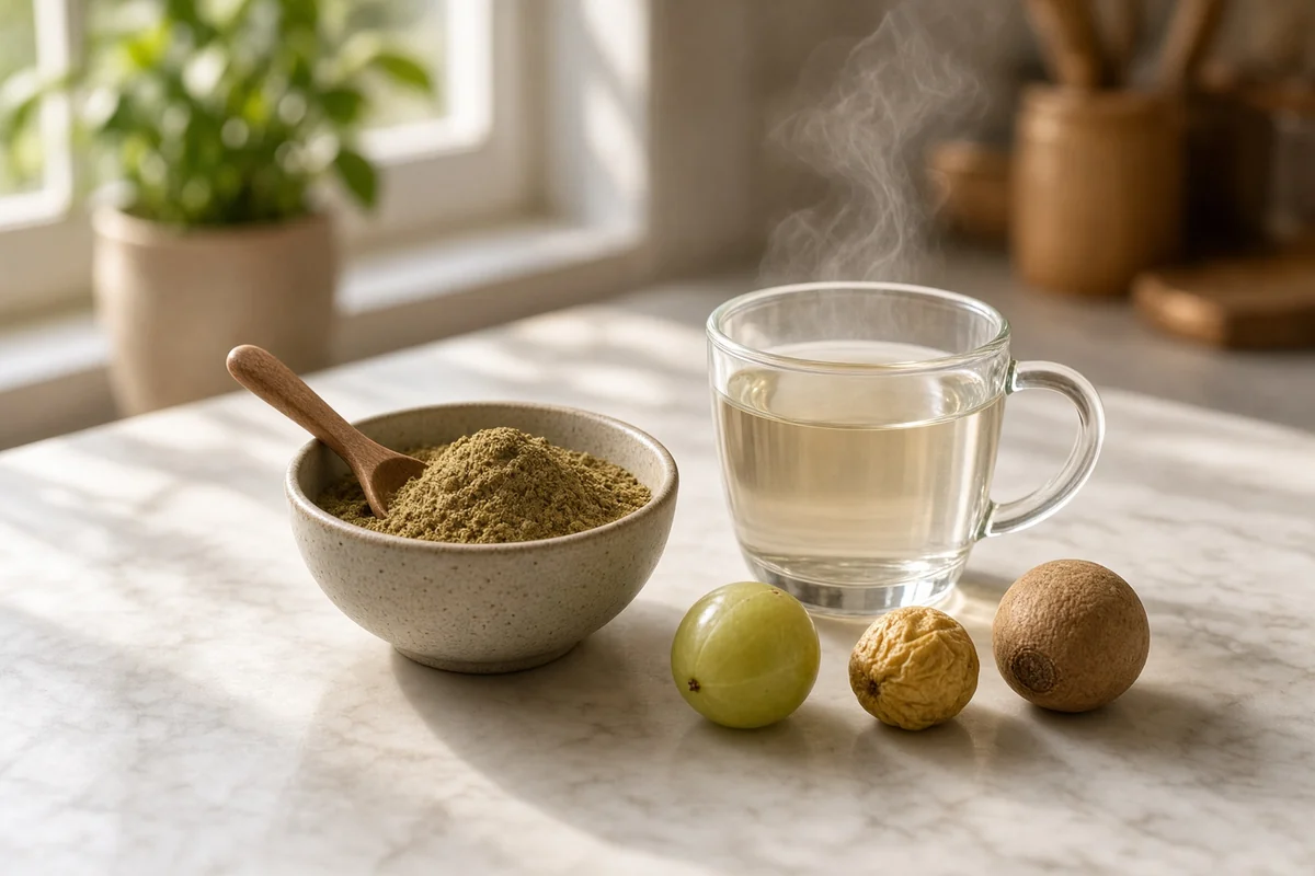 A bowl of triphala powder and a cup of warm water, with amla, haritaki and bibhitaki.