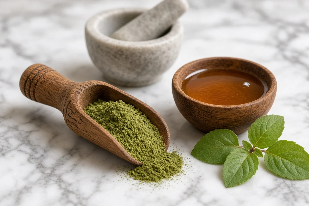 Illustrated still life with tulsi leaves, honey.