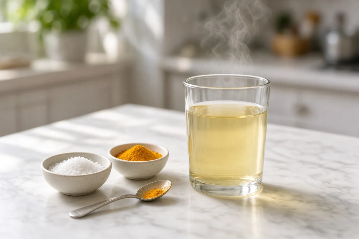 A glass of warm turmeric-salt gargle water beside bowls of salt and turmeric.