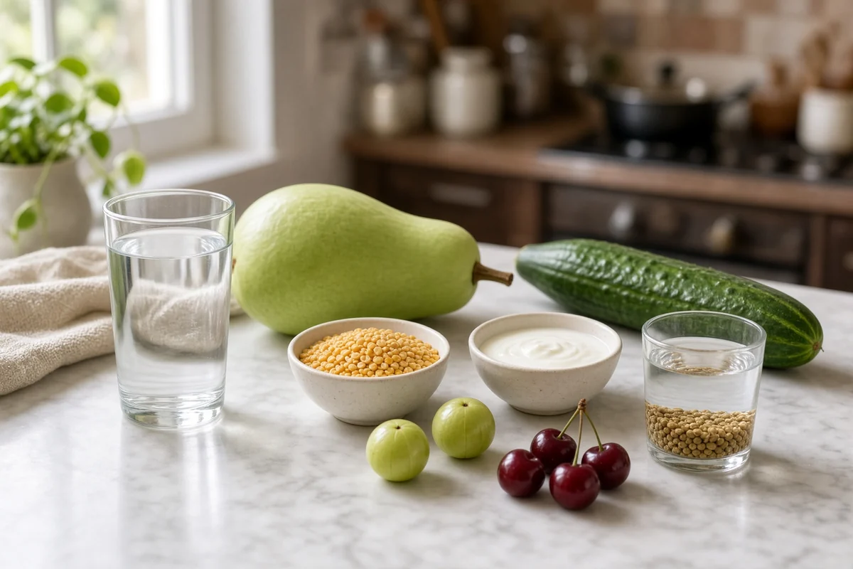 Water, bottle gourd, cucumber, moong dal, curd, amla, cherries and soaked coriander seeds.