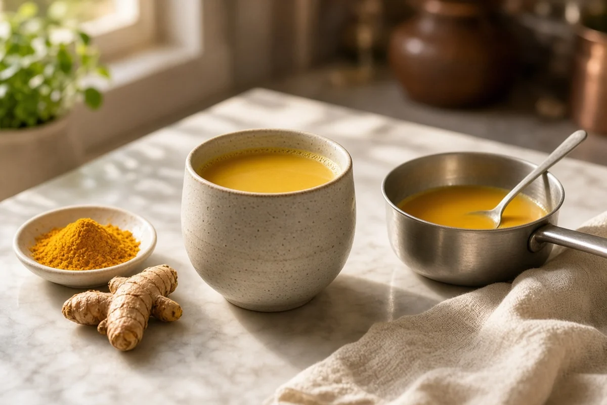 A cup of golden turmeric milk beside turmeric powder, fresh turmeric roots and a small pan.